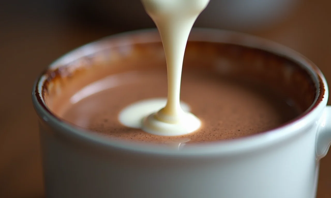 Creme de leite fresco sendo adicionado ao chocolate quente.