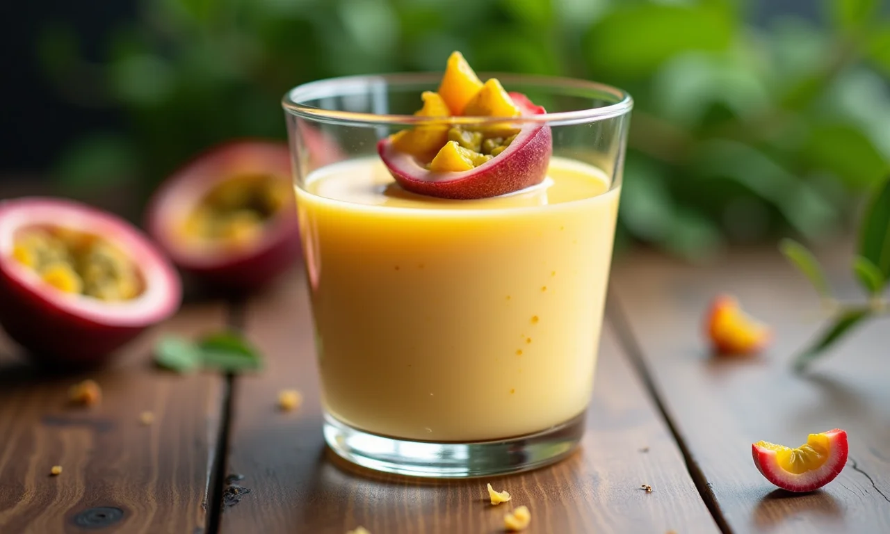 Creme de maracujá decorado com sementes.