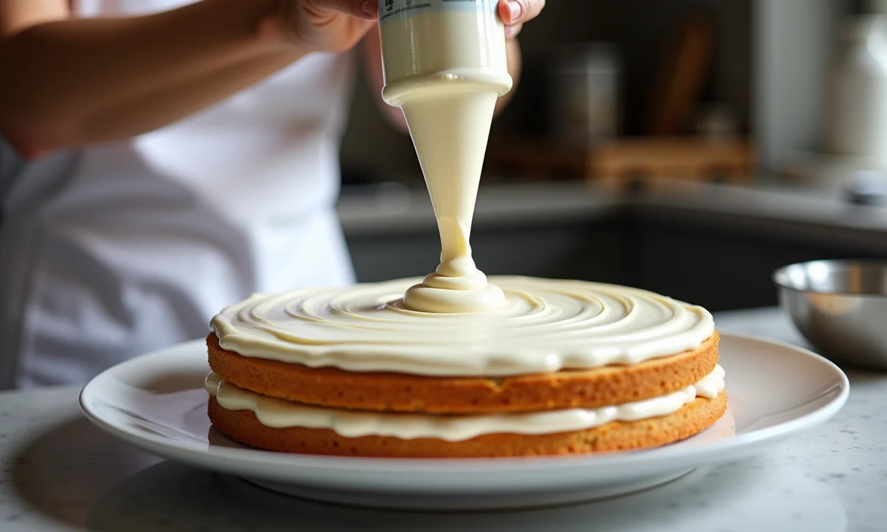 Creme Mousseline sendo aplicado nas camadas da torta Fraisier, um processo delicado e preciso.
