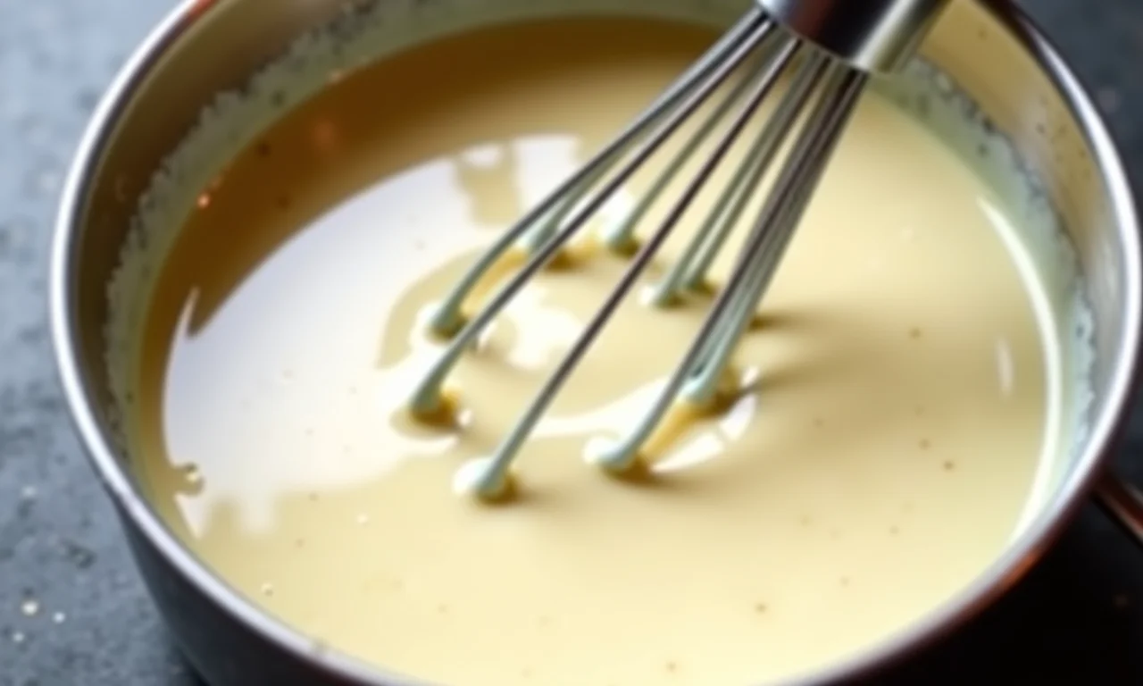 Cremoso molho branco sendo batido com maisena para engrossar.