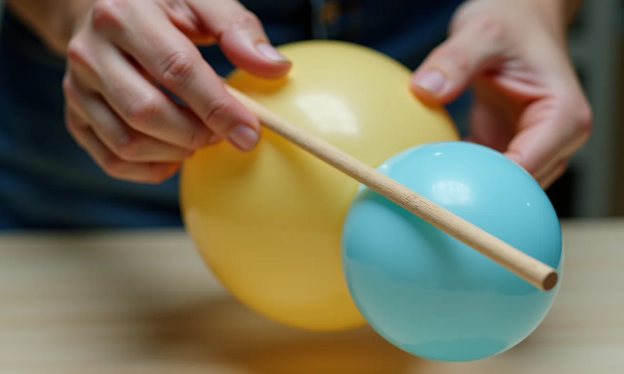 Criando o eixo de um globo terrestre de bexiga com uma vara de madeira.