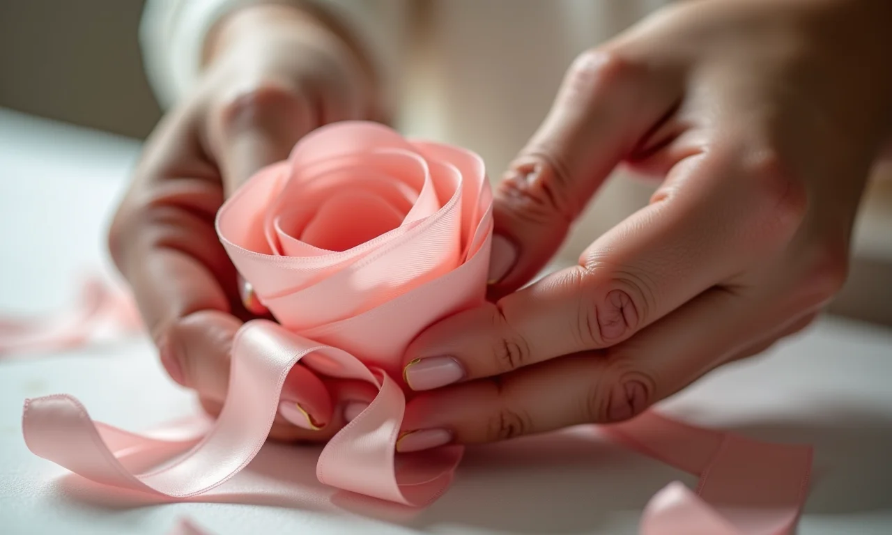 Criando pétalas de rosa de fita de cetim passo a passo.