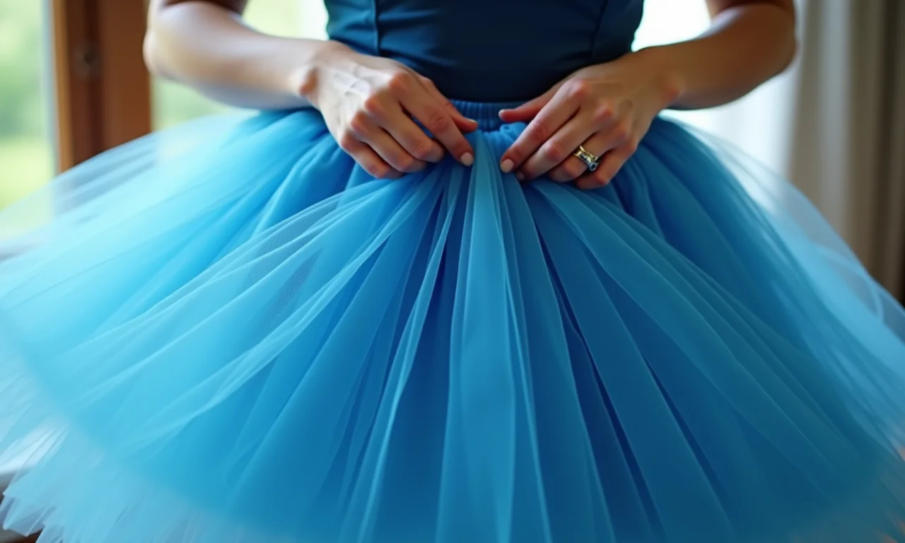 Criando saia de tule azul para o vestido da Frozen.