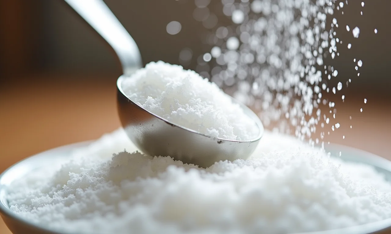 Cristais de açúcar branco brilhando sob a luz natural.