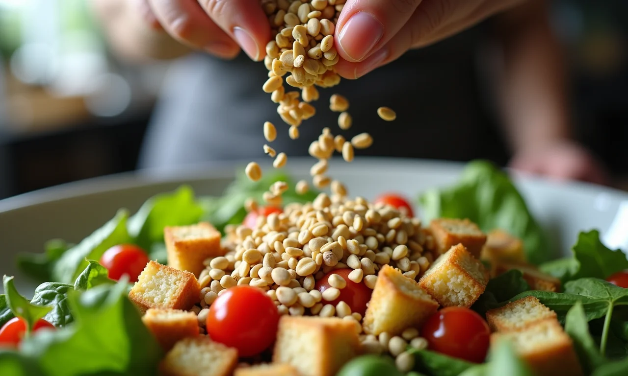 Crocância na salada: croutons, sementes e nozes.