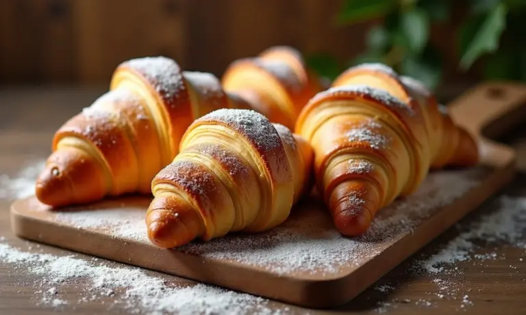 Croissants dourados e apetitosos em uma tábua de madeira.