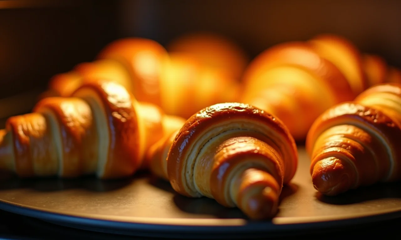 Croissants dourados e crocantes saindo do forno.