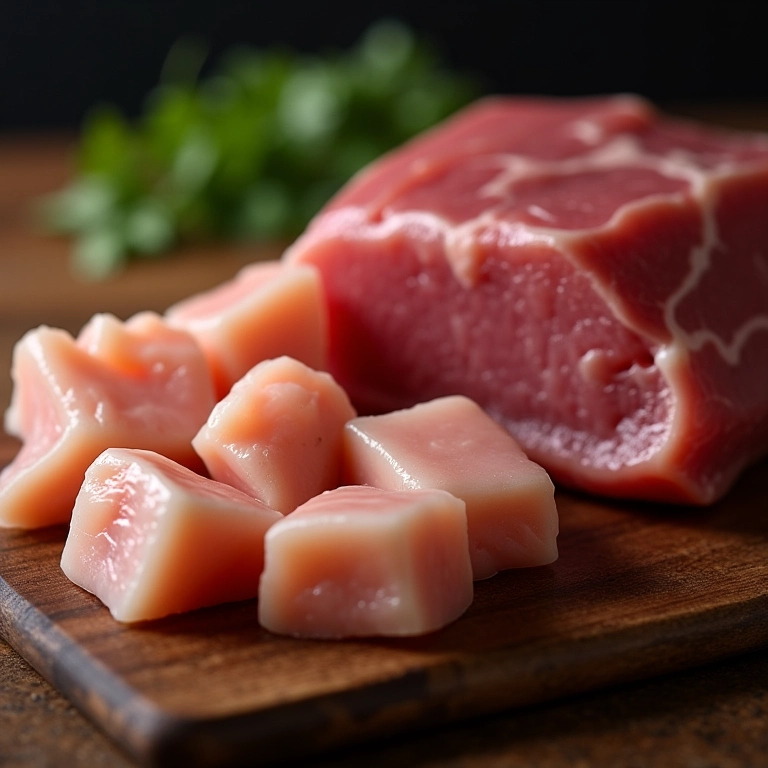 Cubos de peito de frango ao lado de cortes de carne bovina.