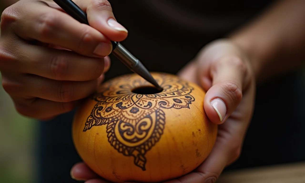 Cuia decorada com pirografia.