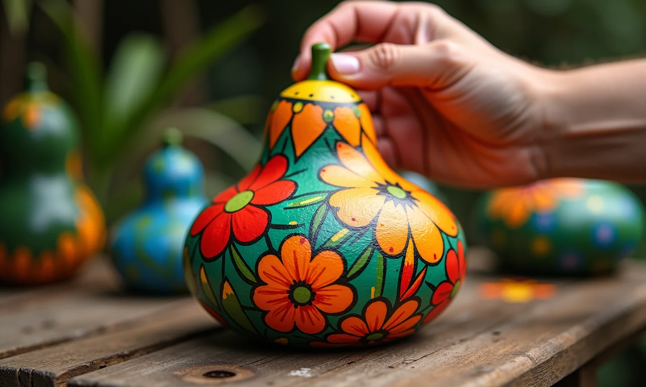 Cuia decorada com tinta e desenhos florais.