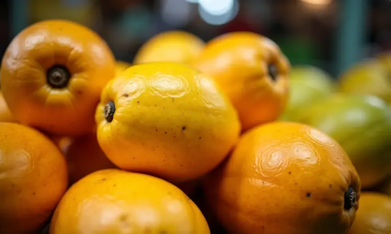 Cupuaçu fresco em uma feira amazônica, exibindo sua polpa exótica e textura única.
