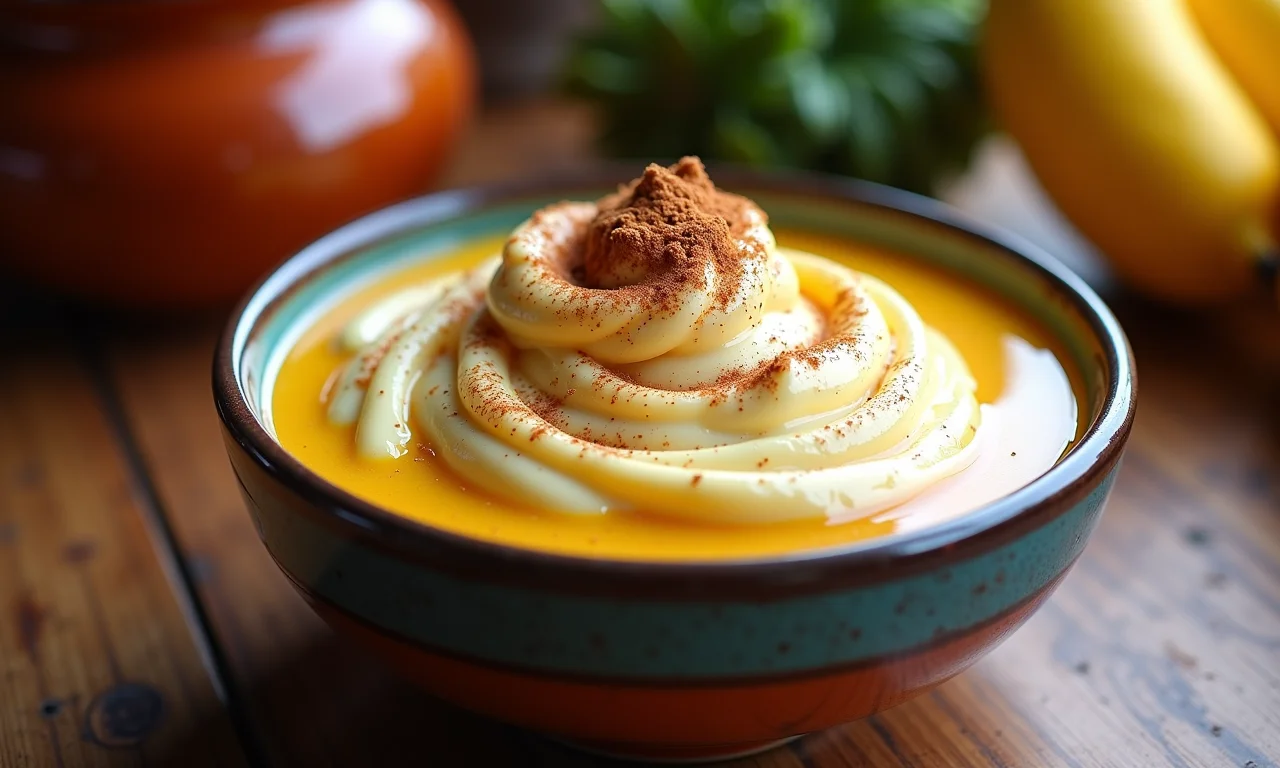 Curau cremoso em tigela com canela.