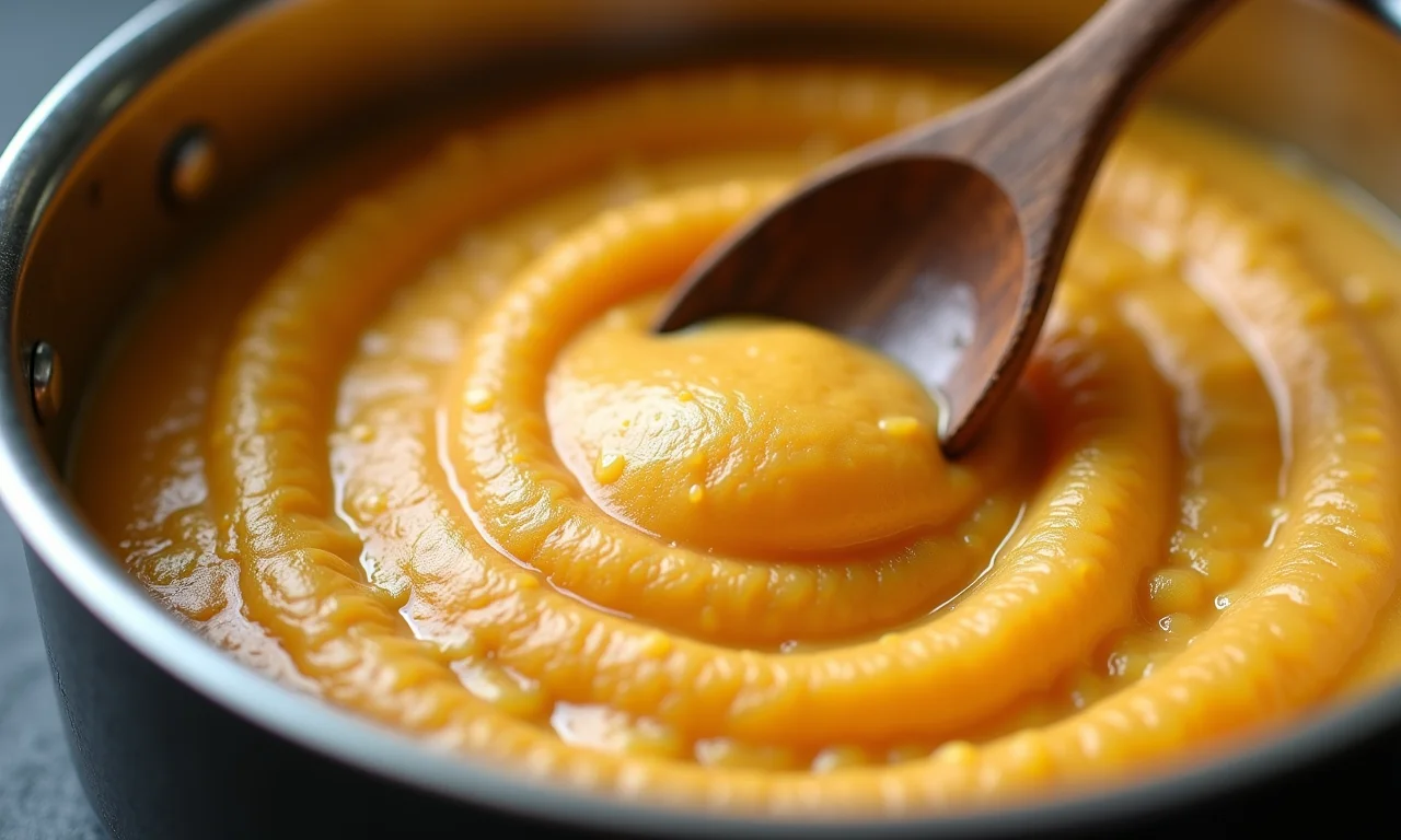 Curau empelotado sendo alisado com uma colher.