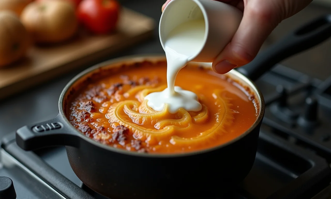 Curau queimado sendo salvo com adição de leite.