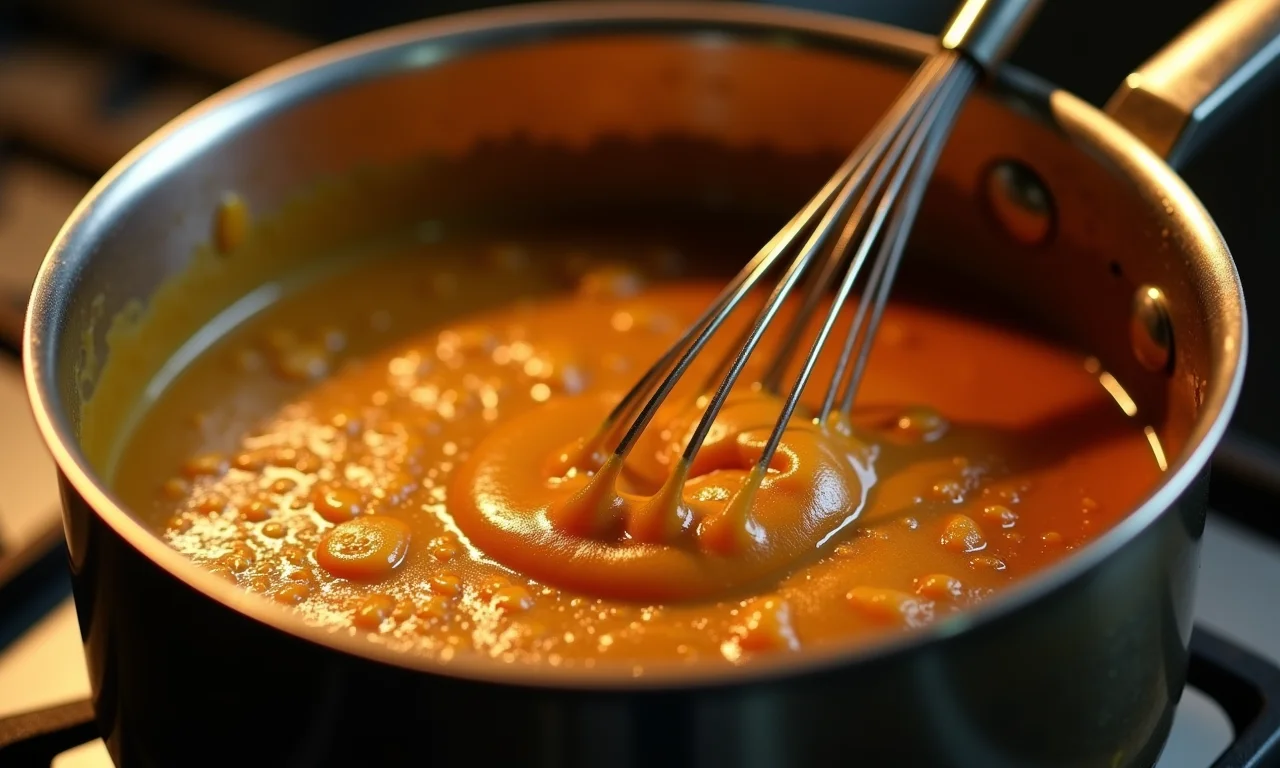 Curau ralo sendo mexido em uma panela.