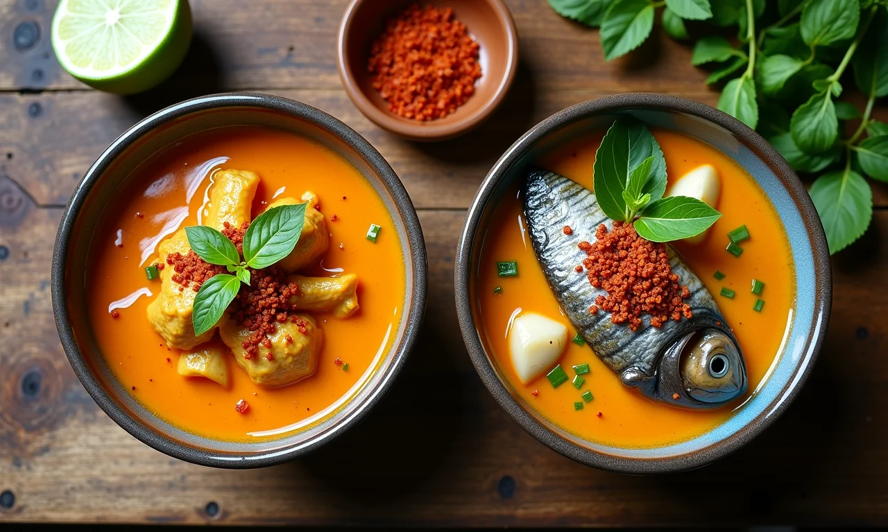 Curry Laksa clássico e Assam Laksa refrescante lado a lado, uma dupla irresistível.