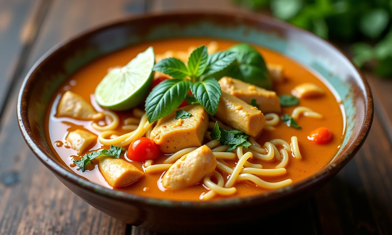Curry Laksa cremoso com frango e leite de coco, uma explosão de sabor intenso.