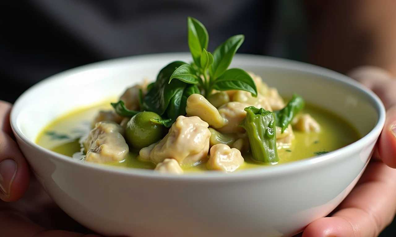 Curry Verde de Frango vibrante com leite de coco, brotos de bambu e folhas de manjericão.