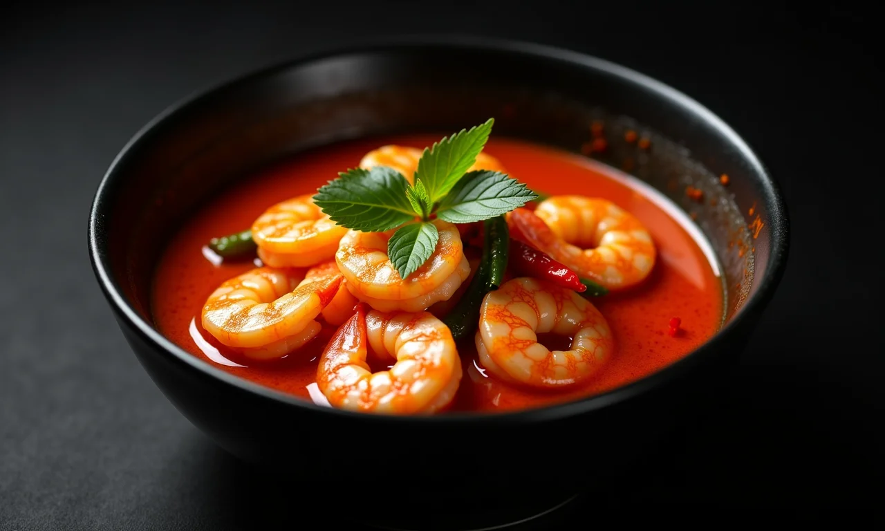 Curry Vermelho de Camarão intenso com pimentas e folhas de limão kaffir.