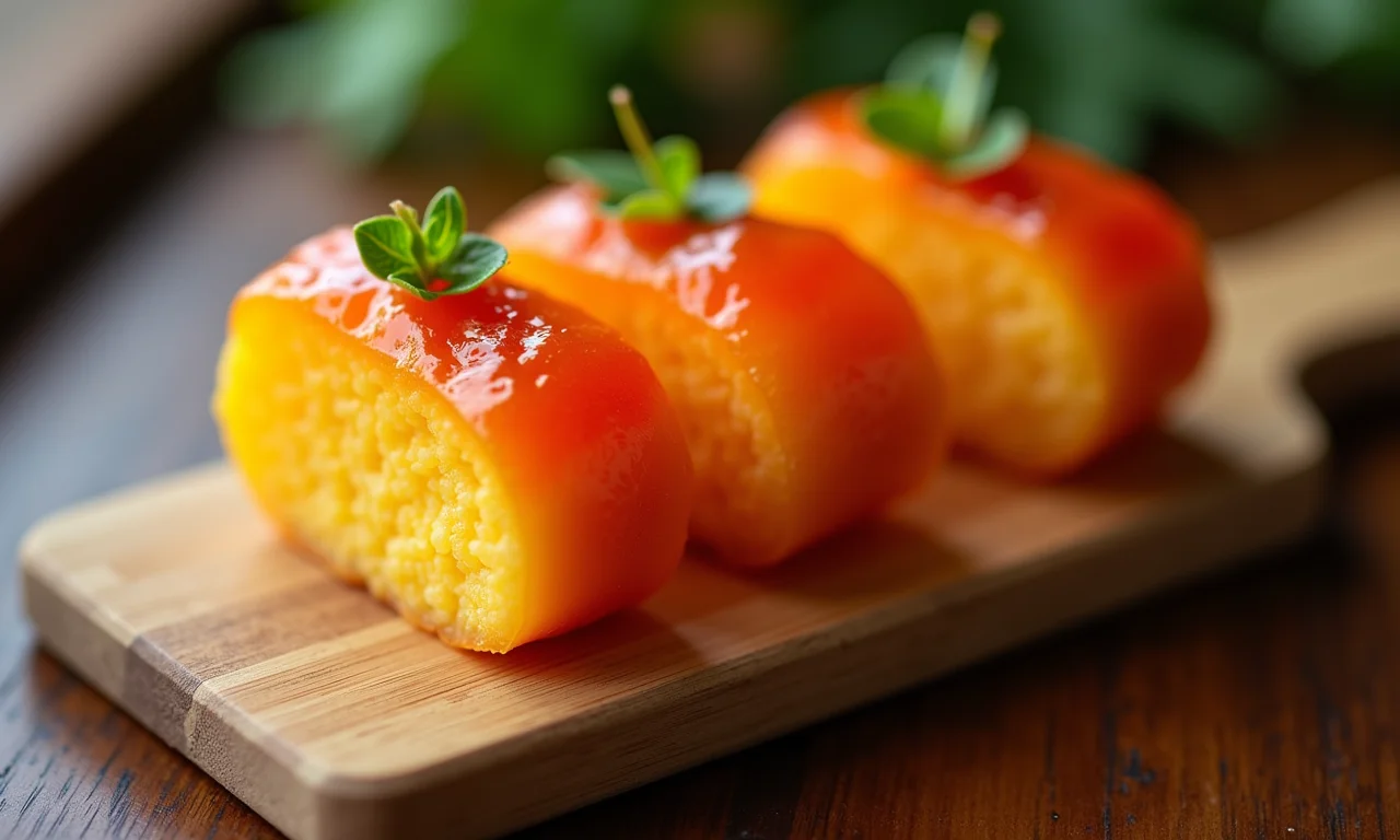 Dadinhos de tapioca com geleia de pimenta em tábua de madeira.