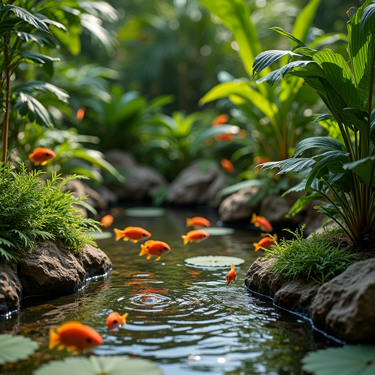 Decoração de lago artificial com plantas e peixes.