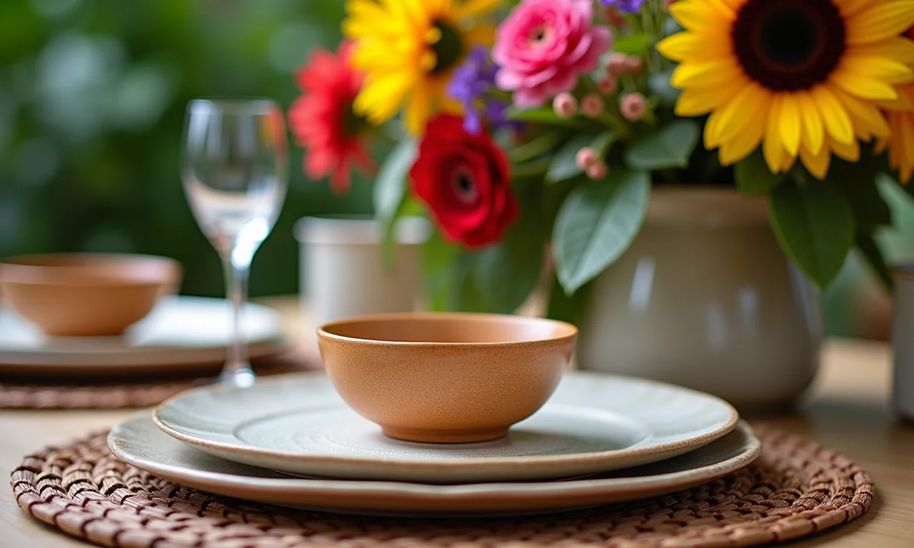 Decoração de mesa de brunch com flores coloridas, cerâmica artesanal e jogos americanos de palha.