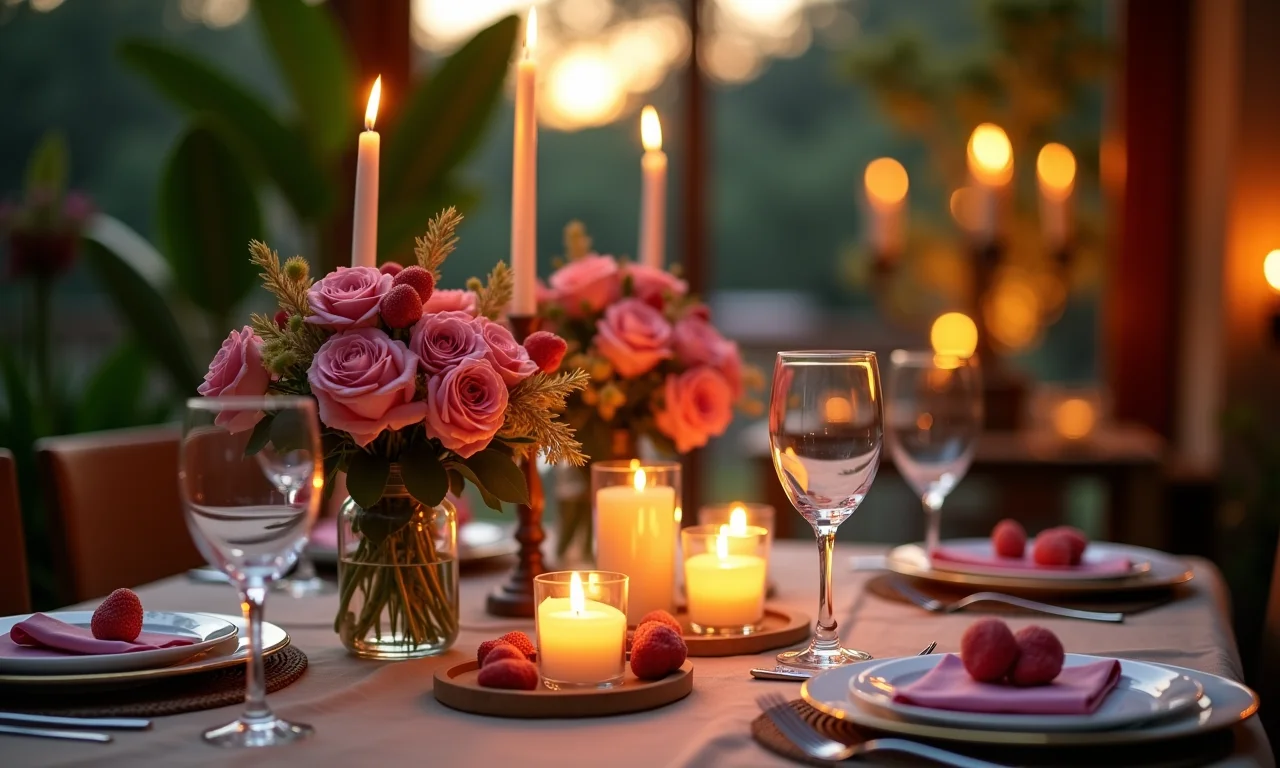 Decoração romântica com velas e flores para jantar em casa.