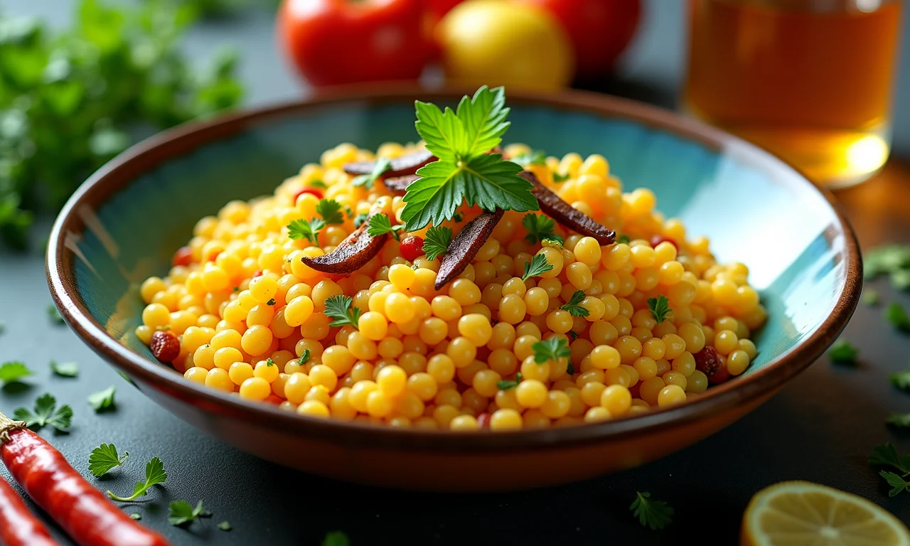 Delicioso kedgeree em prato de cerâmica brasileira, com ervas frescas.