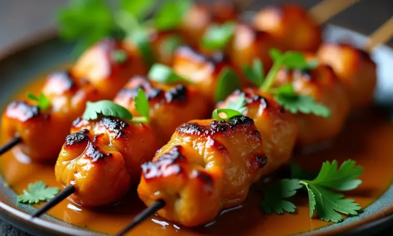 Deliciosos espetinhos de satay indonésio com molho de amendoim, prontos para servir.