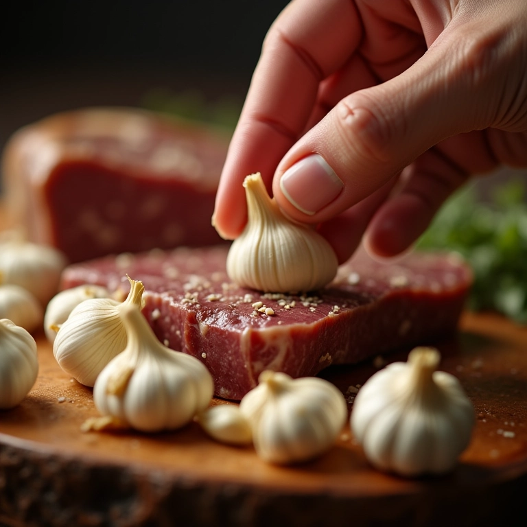 Dentes de alho sendo amassados com um bife ao fundo.
