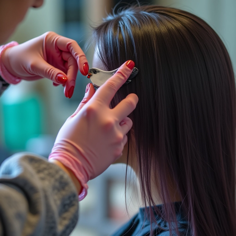 Descoloração capilar: profissional aplicando descolorante em cabelo preto.