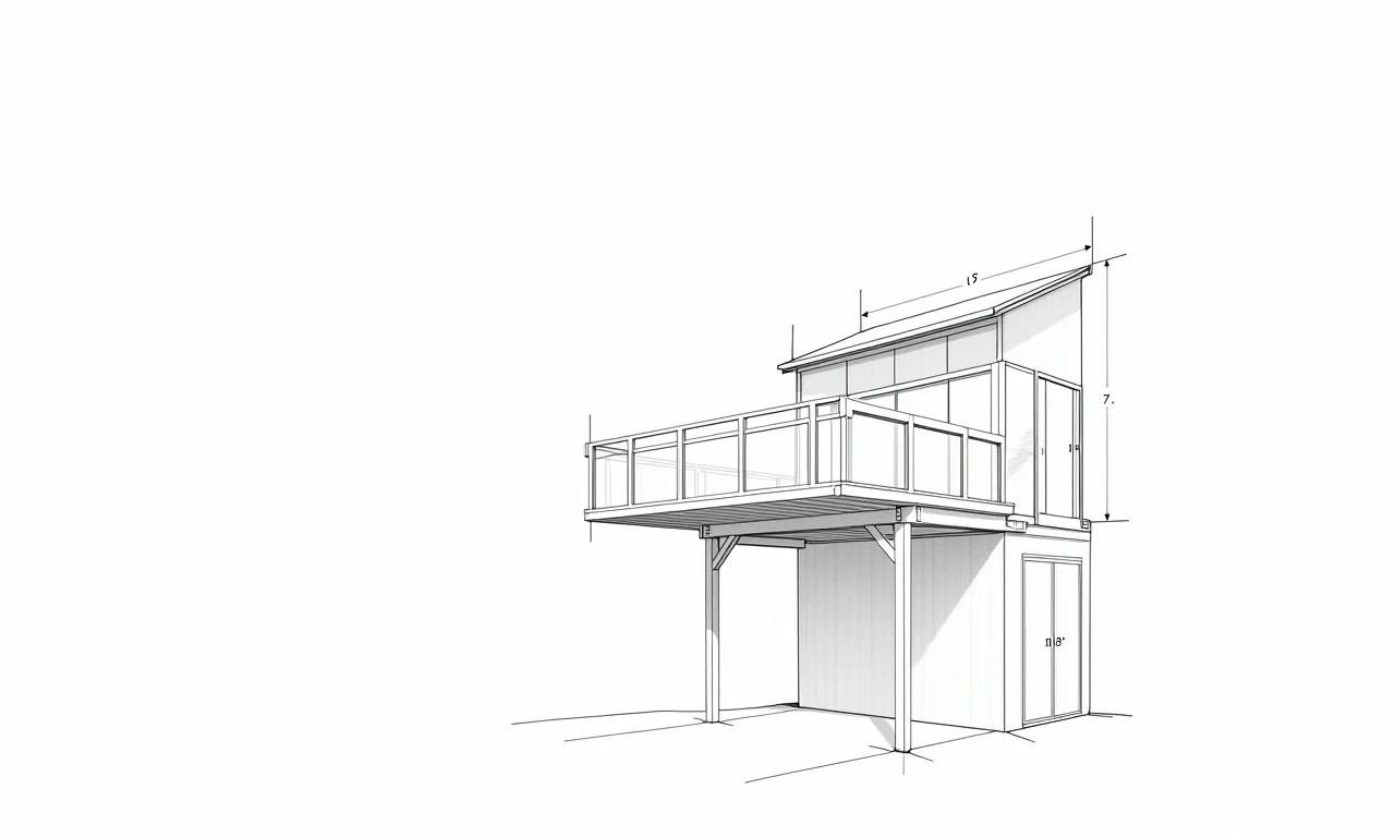 Desenho técnico de um mezanino de madeira com dimensões detalhadas.