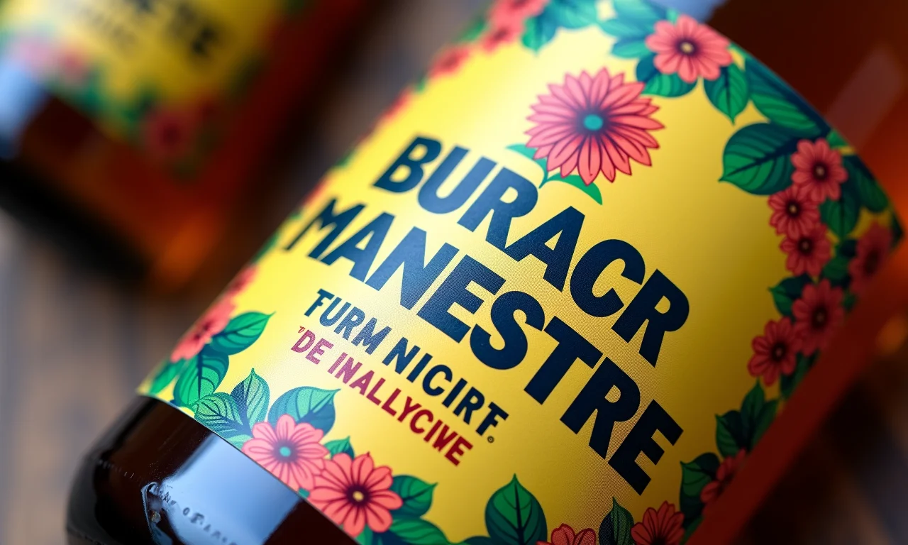 Design de etiqueta vibrante com padrão floral e tipografia marcante.