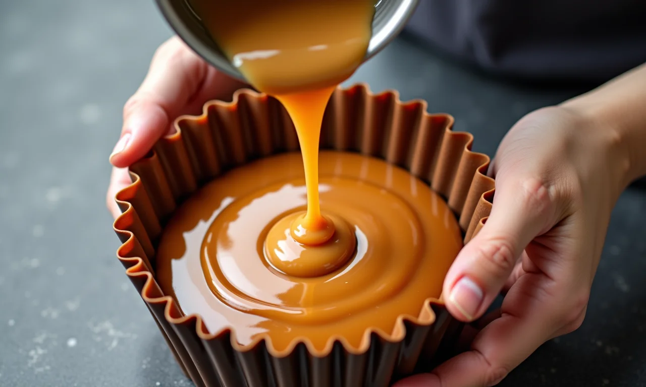 Despejando a mistura do pudim na forma caramelizada, passo a passo.