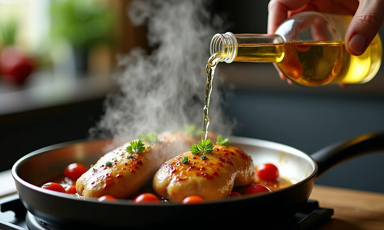 Despejando vinho branco na panela com frango para assar.