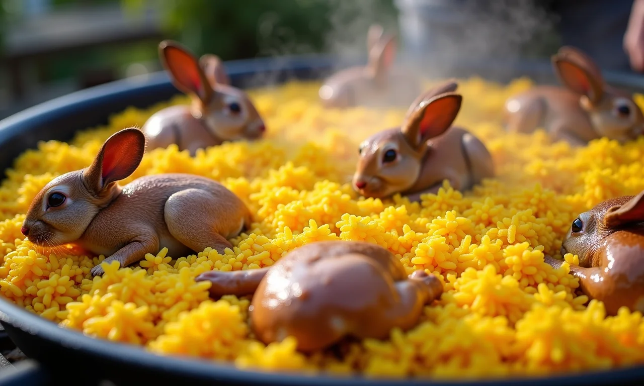 Detalhe da preparação de paella valenciana com ingredientes tradicionais.