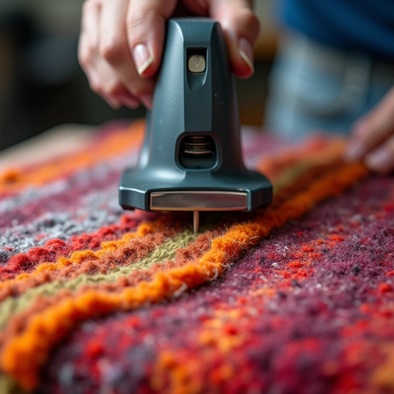 Detalhe da técnica moderna de tufting sendo utilizada em um tapete de lã.