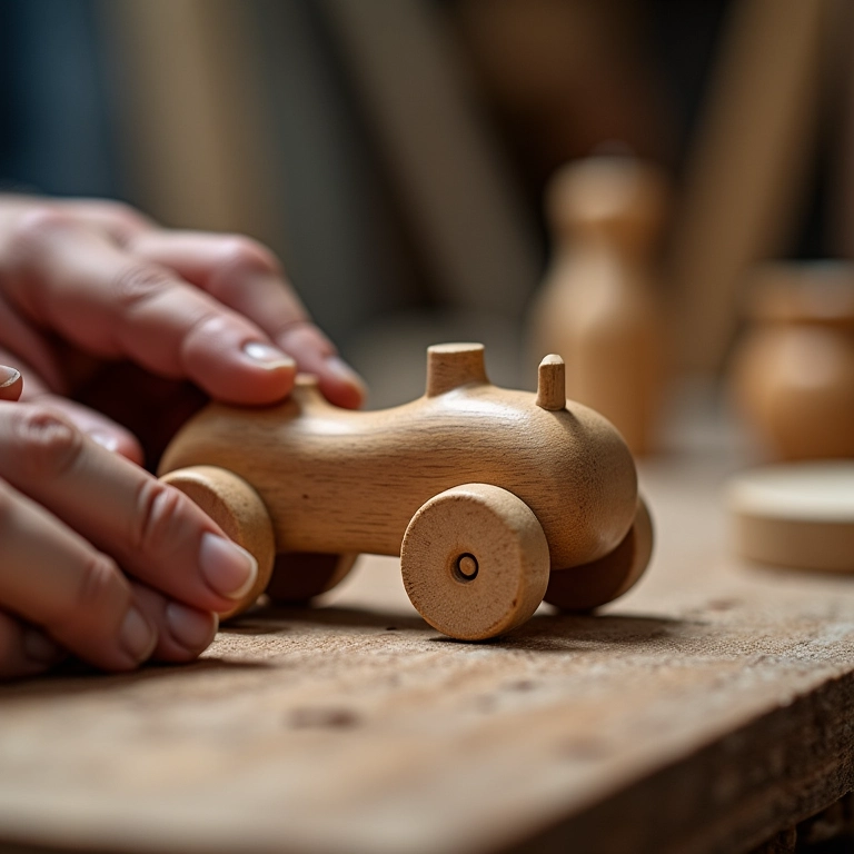 Detalhe das mãos de um artesão lixando um brinquedo de madeira.