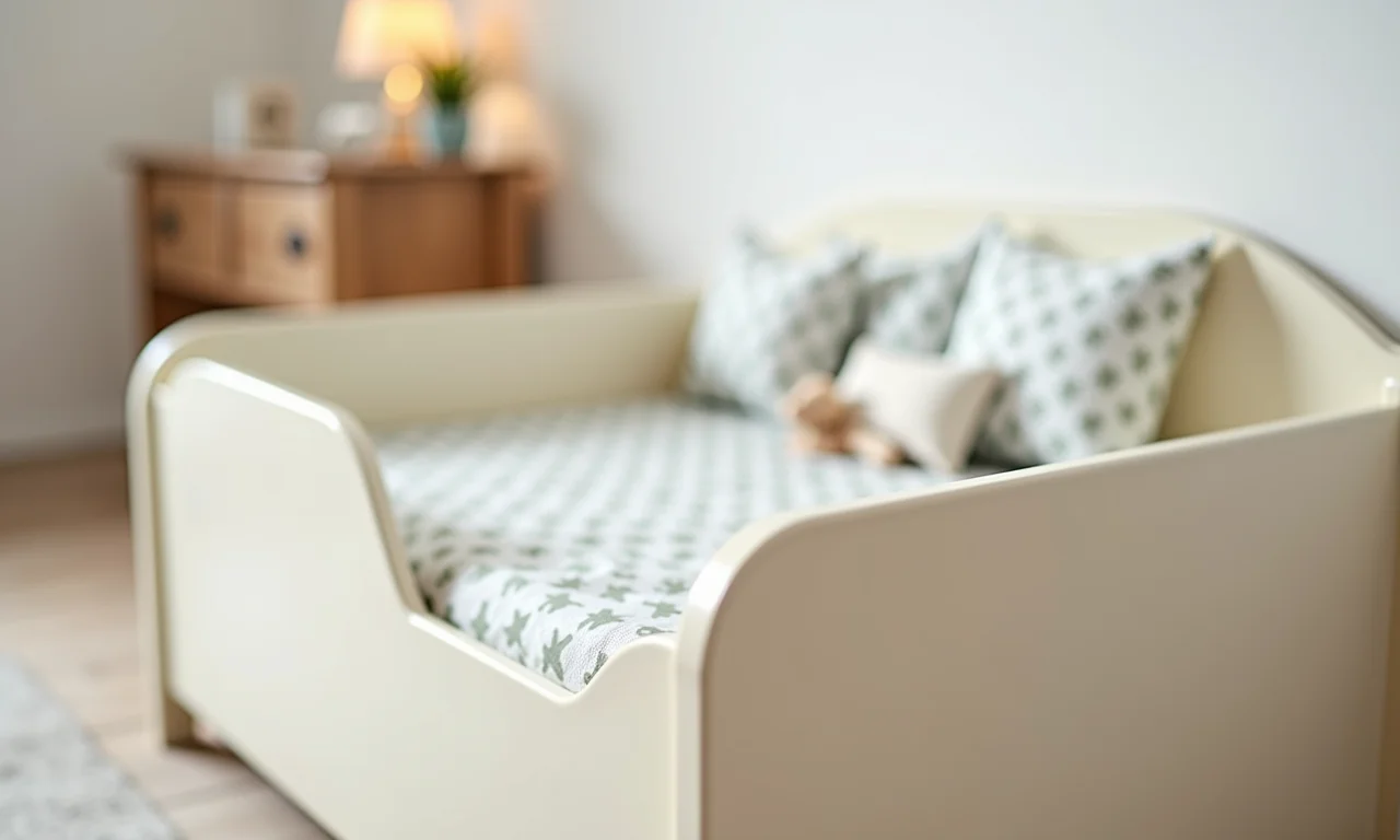 Detalhe de cama infantil com bordas arredondadas, enfatizando a segurança.