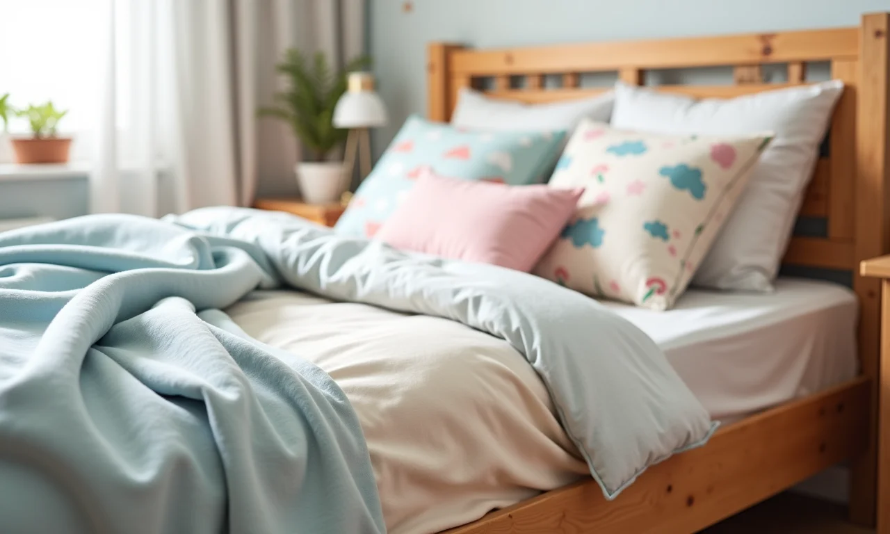 Detalhe de cama infantil de madeira natural com roupa de cama suave e temática.