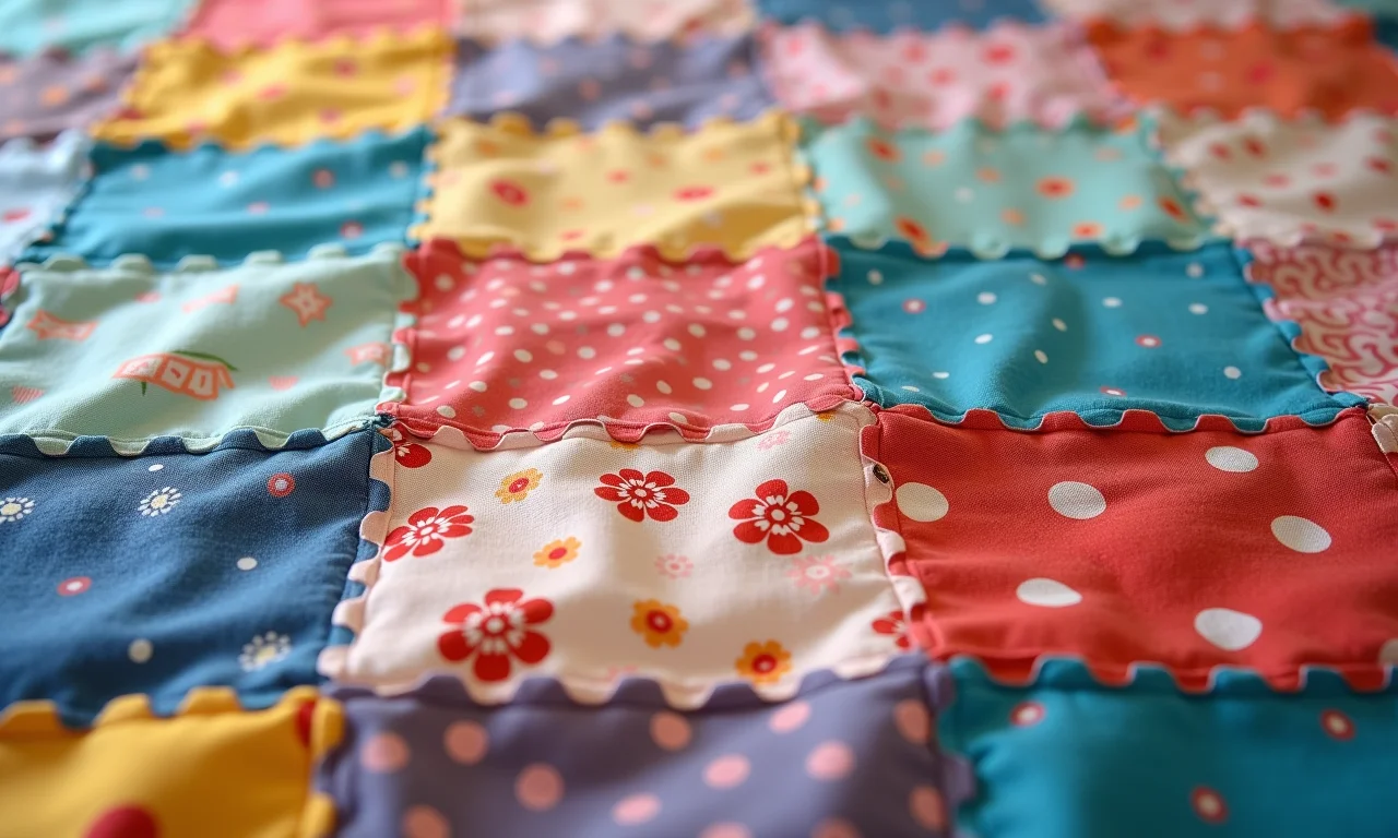 Detalhe de colcha de retalhos com tecidos variados.
