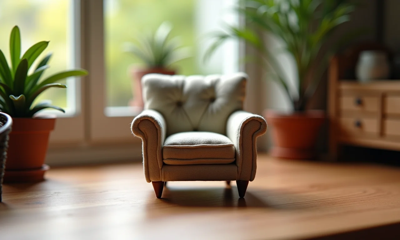 Detalhe de poltrona de casinha de boneca com design brasileiro.