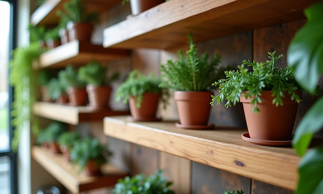 Detalhe de prateleiras de madeira artesanais com vasos de plantas, destacando a textura da madeira.