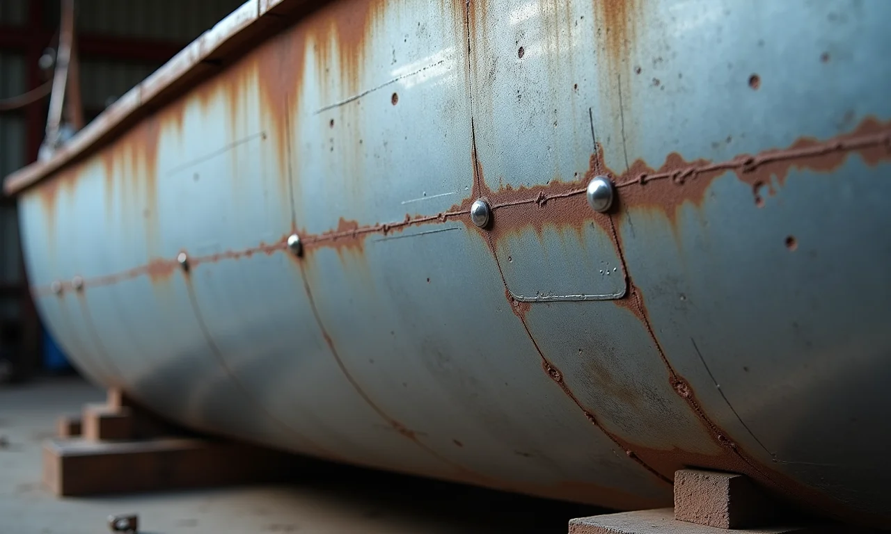 Detalhe de reforço soldado em casco de barco de chapa galvanizada.