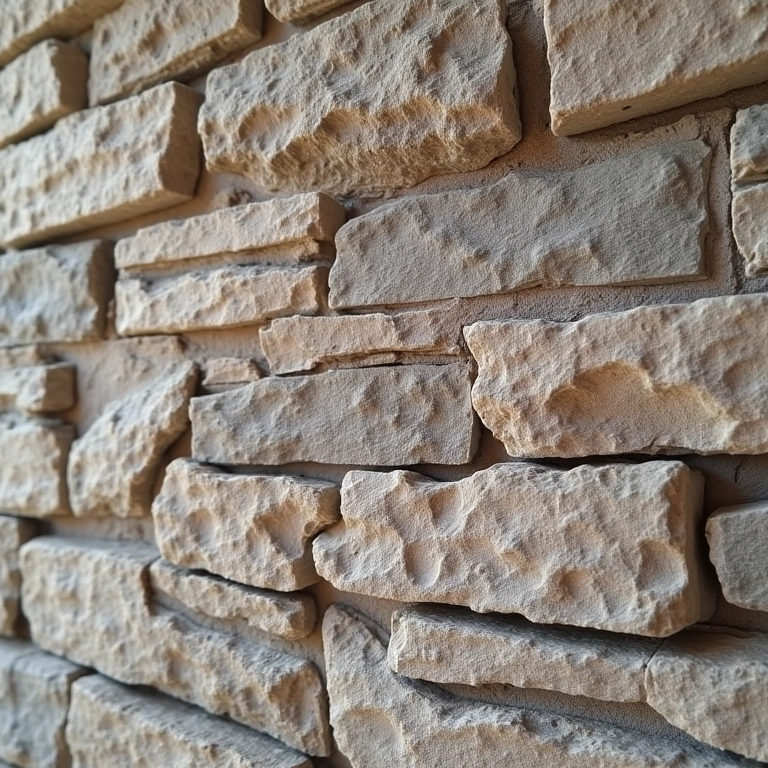 Detalhe de revestimento de parede com Pedras São Tomé, destacando sua textura e beleza natural.