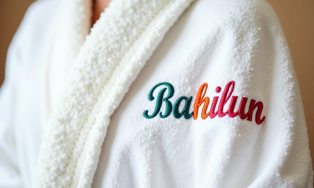 Detalhe de roupão personalizado com nome bordado.