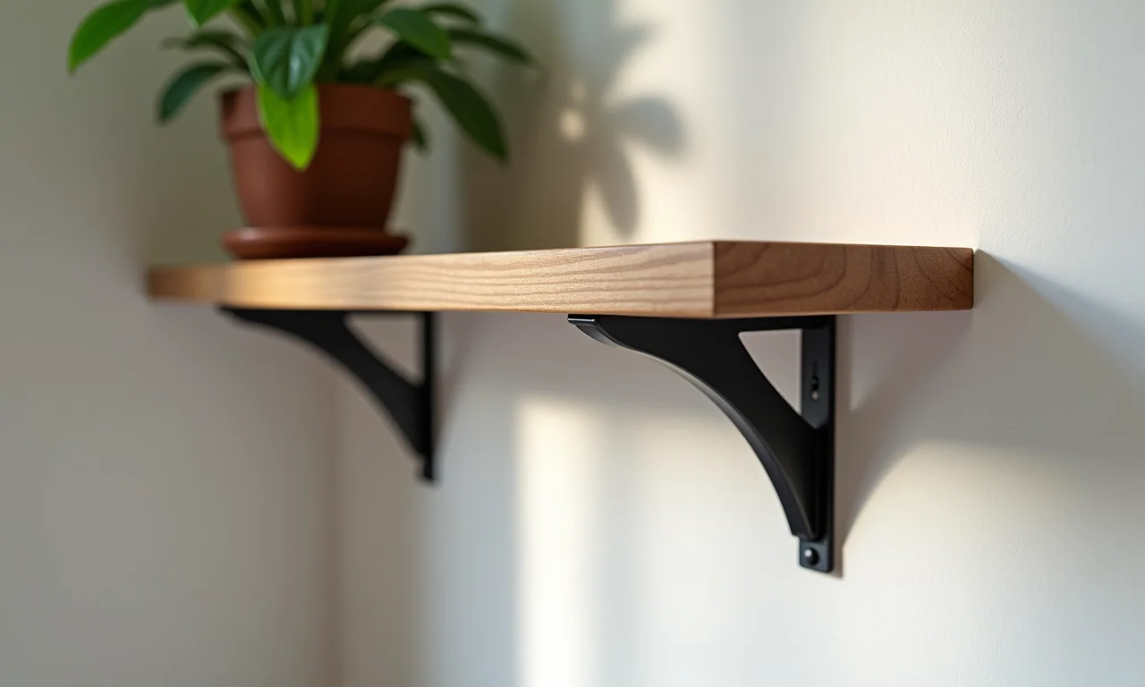 Detalhe de suportes de metal da marca X sustentando uma prateleira de madeira com um vaso de planta.