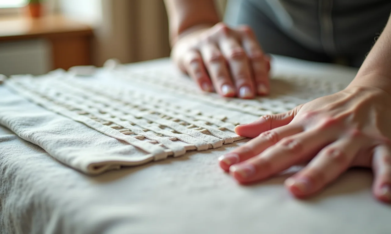 Detalhe de tiras de tecido amarradas em uma base de feltro para criar um tapete texturizado.
