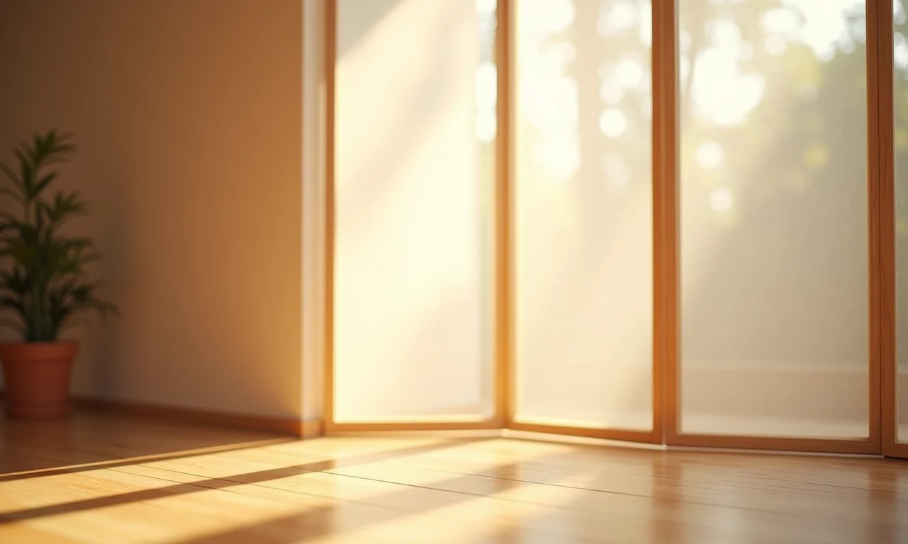 Detalhe de um biombo minimalista em um ambiente iluminado.