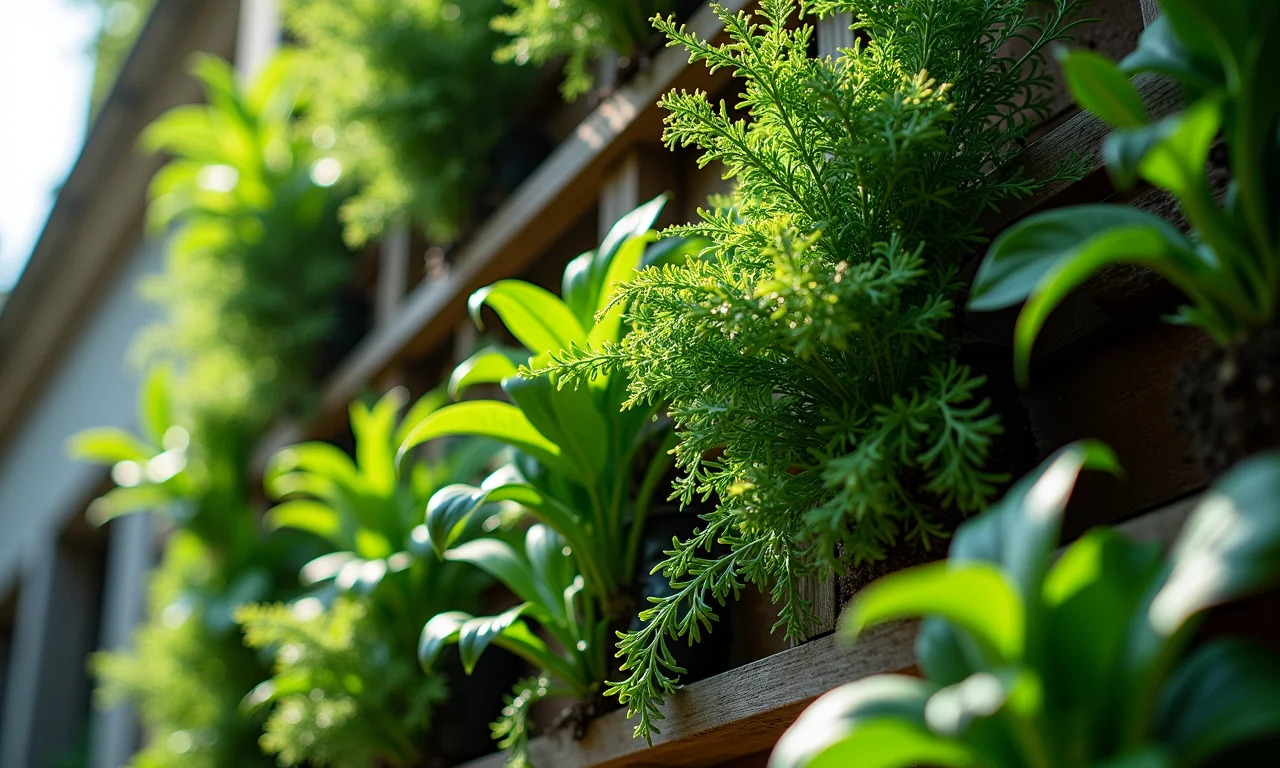 Detalhe de um jardim vertical em pallet exuberante, com texturas e cores vibrantes.